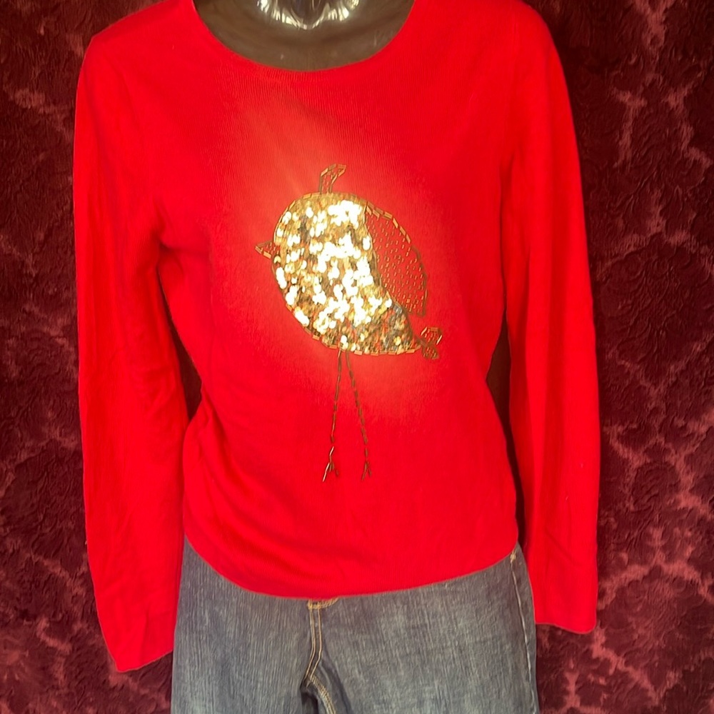 Antoni & Alison Red Knit Sweater Top Sequined Bird